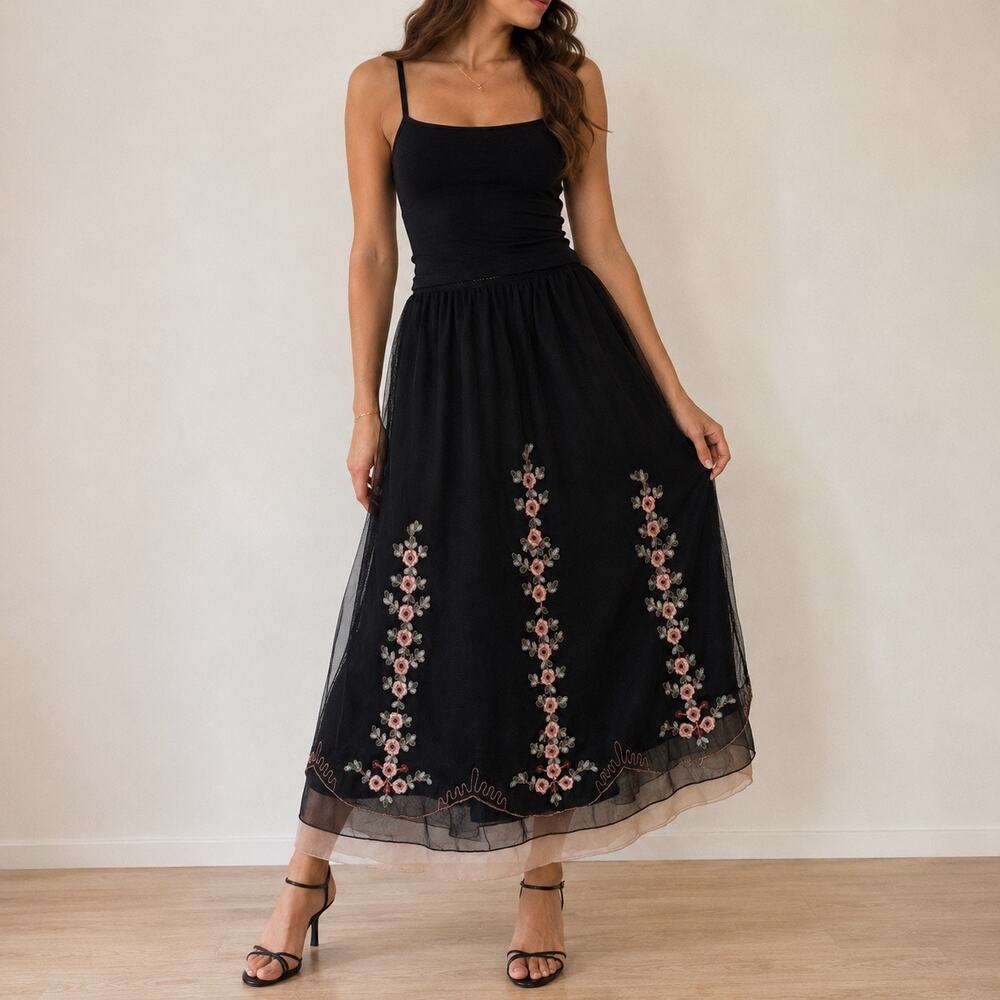 J. Marco Black Sheer Mesh Floral Embroidered Midi Skirt Sz M